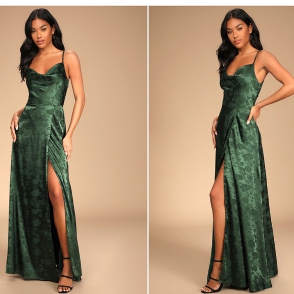 Lulus Dresses & Skirts - LULU's Sexy Prom Wedding Flowy Elegant Emerald Green Satin Floral Maxi